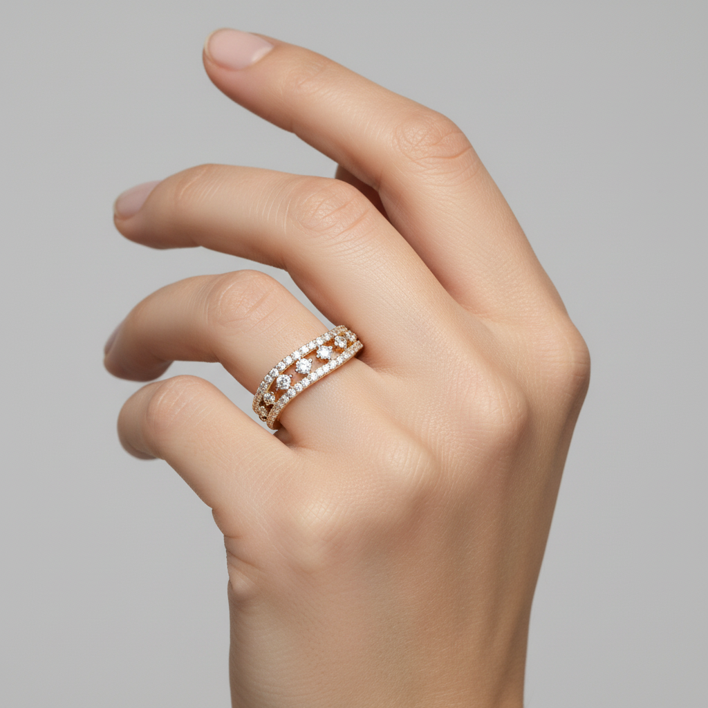 Female model wearing triple-row diamond ring