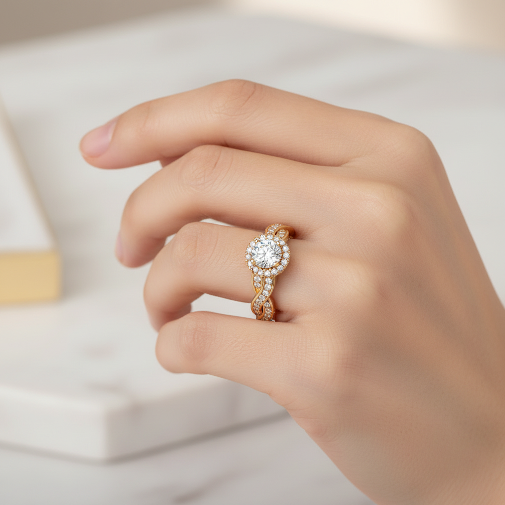 Female model wearing twisted halo diamond ring