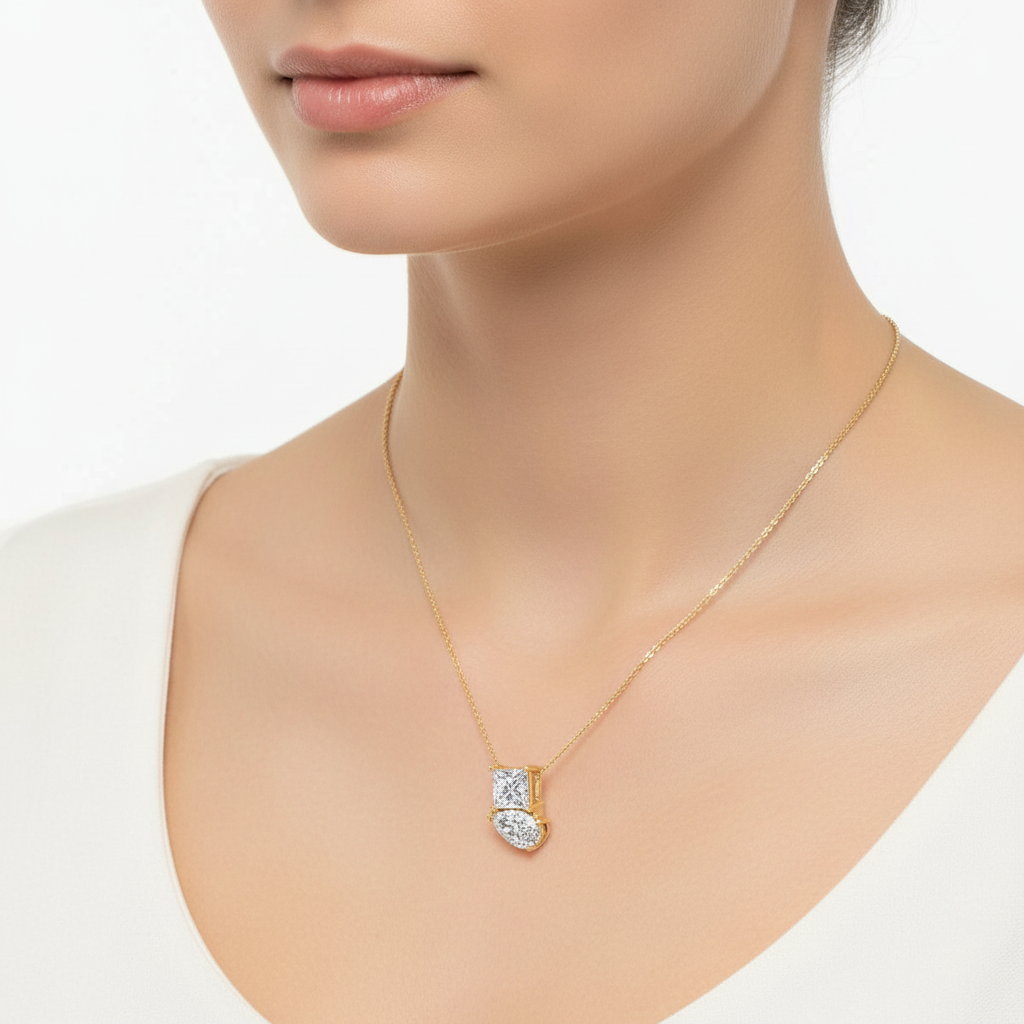 Female Model Wearing Two-Stone Diamond Pendant Small Size