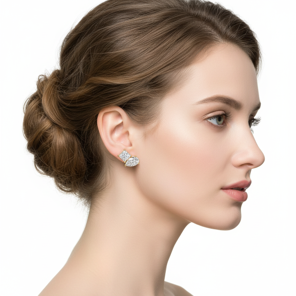 Female Model Wearing Two-Stone Mixed-Cut Diamond Stud Earrings Small Size