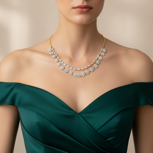 Female model wearing two-strand diamond necklace