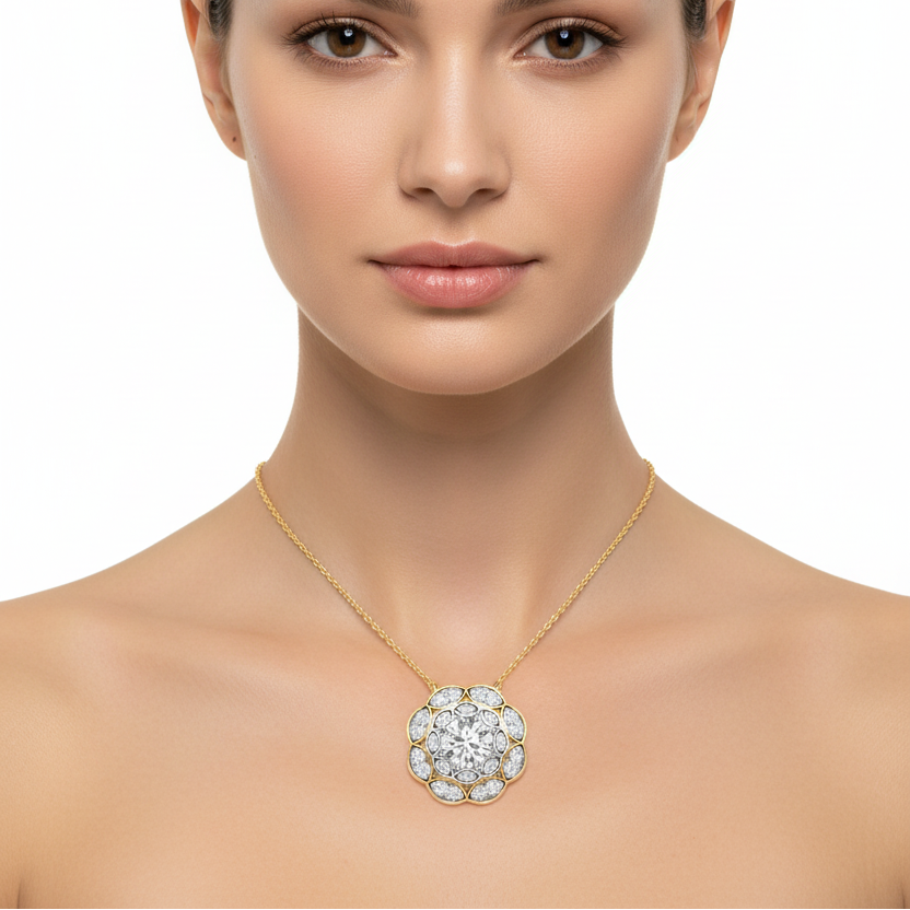 Female model wearing two-tone diamond floral pendant