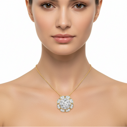 Female model wearing two-tone diamond floral pendant