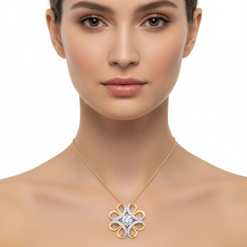 Female model wearing two-tone diamond floral pendant