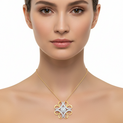 Female model wearing two-tone diamond floral pendant