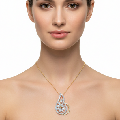 Female model wearing two-tone diamond floral teardrop pendant