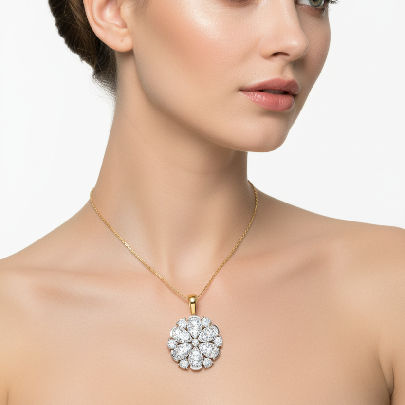 Female model wearing two-tone diamond flower cluster pendant