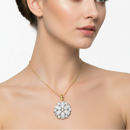 Female model wearing two-tone diamond flower cluster pendant