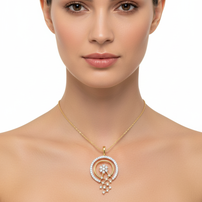 Female model wearing two-tone diamond pendant with floral and geometric design