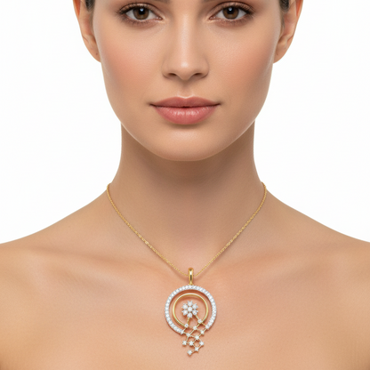 Female model wearing two-tone diamond pendant with floral and geometric design