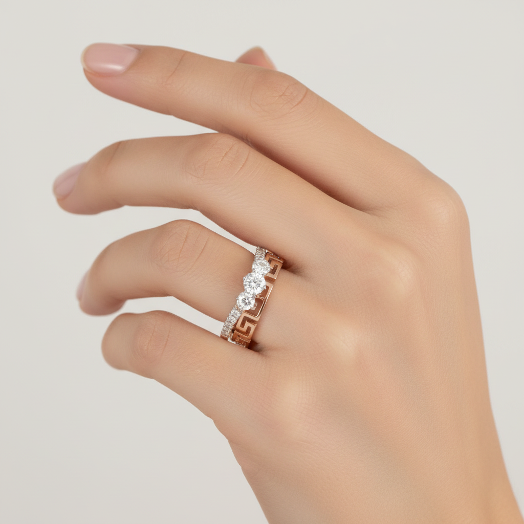 Female model wearing two-tone diamond ring set