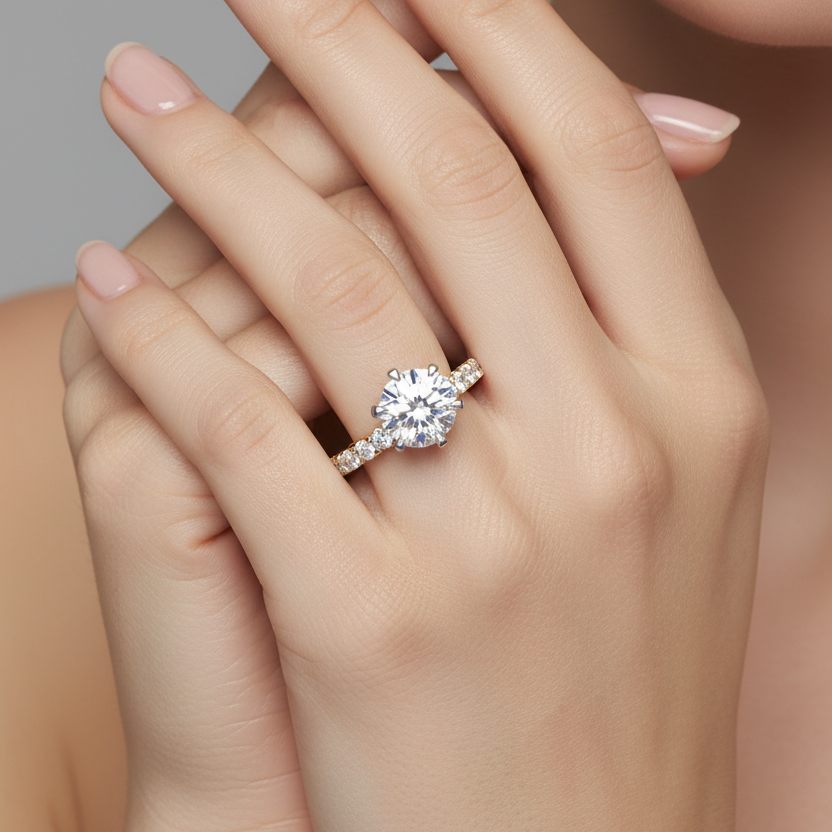 Female model wearing two-tone six-prong round brilliant diamond engagement ring with diamond shoulders