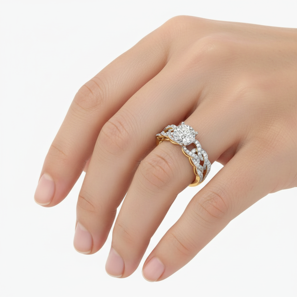 Female Model Wearing Two-Tone Twisted Diamond Ring Small Size