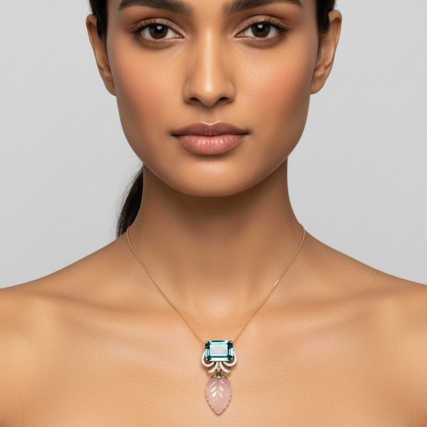 Female model wearing very small petite teal tourmaline pendant with pavé diamond scroll arches, green enamel cap and tiny carved rose quartz leaf drop on fine yellow gold chain