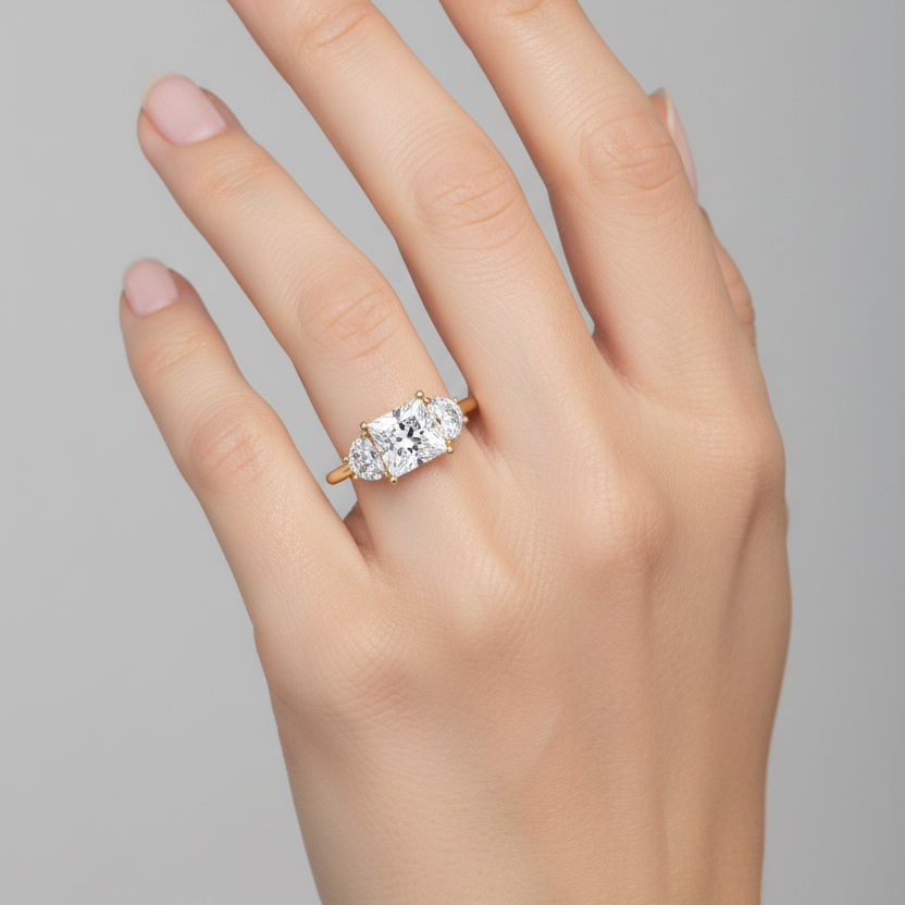 Female model wearing very small petite yellow gold three-stone ring with princess-cut center and half-moon side diamonds