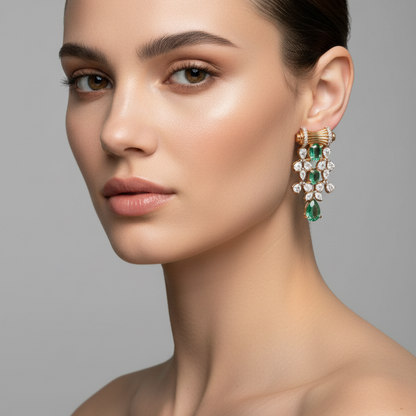 Female model wearing very small rose gold Art Deco four-tier chandelier drop earrings with a ribbed fluted horizontal bar top element set with pavé diamonds along the top edge followed by three descending tiers each featuring a vivid green oval emerald tourmaline at the center flanked by large round brilliant diamonds in two-prong settings with the bottom tier having a large pear-cut vivid green emerald tourmaline with pointed tip downward flanked by round brilliant diamonds on each side