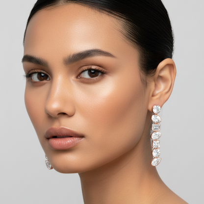 Female model wearing very small rose gold mixed-cut seven-stone linear drop earrings with round, pear, oval, emerald-cut, round, princess and pear diamonds all fully bezel-set in smooth rose gold bezels connected in a seamless slender vertical chain drop