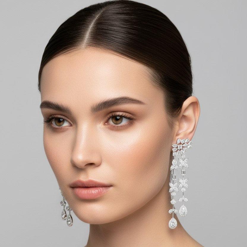 Female model wearing very small white gold multi-strand chandelier drop earrings with a mixed-cut diamond fan spray stud at the earlobe, three slim parallel white gold bar strands with tiny butterfly pear-marquise clusters and an emerald-cut diamond accent cascading down, converging into a small pear-cut diamond halo pendant at the bottom