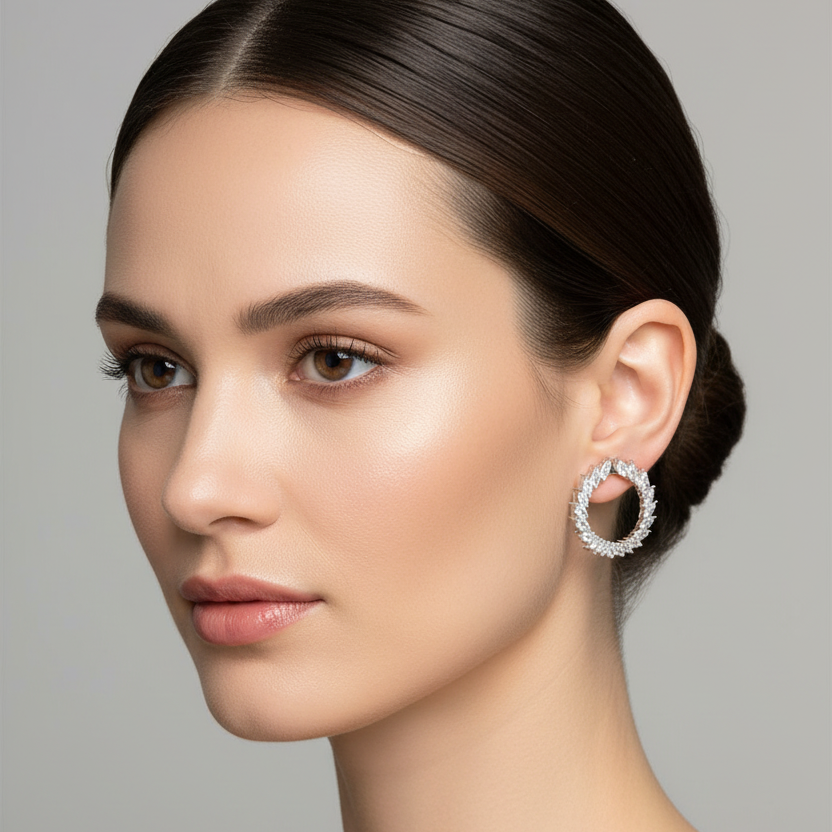 Female model wearing very small white gold open circle hoop earrings with alternating tangentially-set marquise-cut and round brilliant diamonds in a continuous flowing laurel wreath feather pattern along the front arc sitting close and delicate near the earlobe