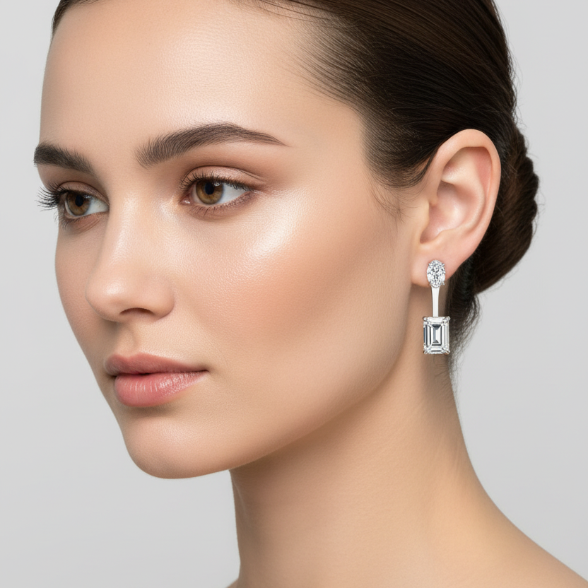 Female model wearing very small white gold two-stone drop earrings with a tiny vertical oval-cut diamond stud at the earlobe connected by a very slim straight white gold bar to a small vertically-set emerald-cut step-cut diamond hanging just below the lobe in four-prong corner settings