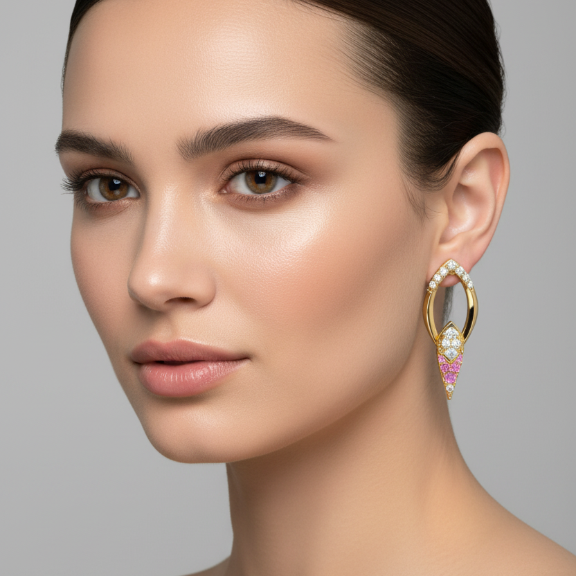 A close-up portrait of a woman with dark hair pulled back, wearing a gold hoop earring with white pearl-like beads and pink gemstone accents against a light gray studio background.