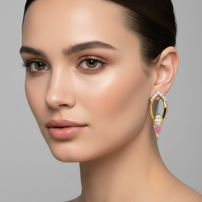 A close-up portrait of a woman with dark hair pulled back, wearing a gold hoop earring with white pearl-like beads and pink gemstone accents against a light gray studio background.