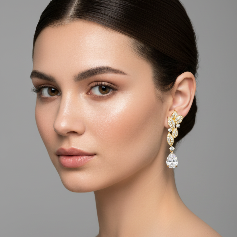 Female model wearing very small yellow gold diamond pavé leaf cluster drop earrings with three tiny micro-pavé engraved-vein leaves in a compact cascading cluster, a tiny round brilliant connector diamond, and a small pear-cut teardrop diamond hanging just a few millimeters below the earlobe as a petite delicate drop