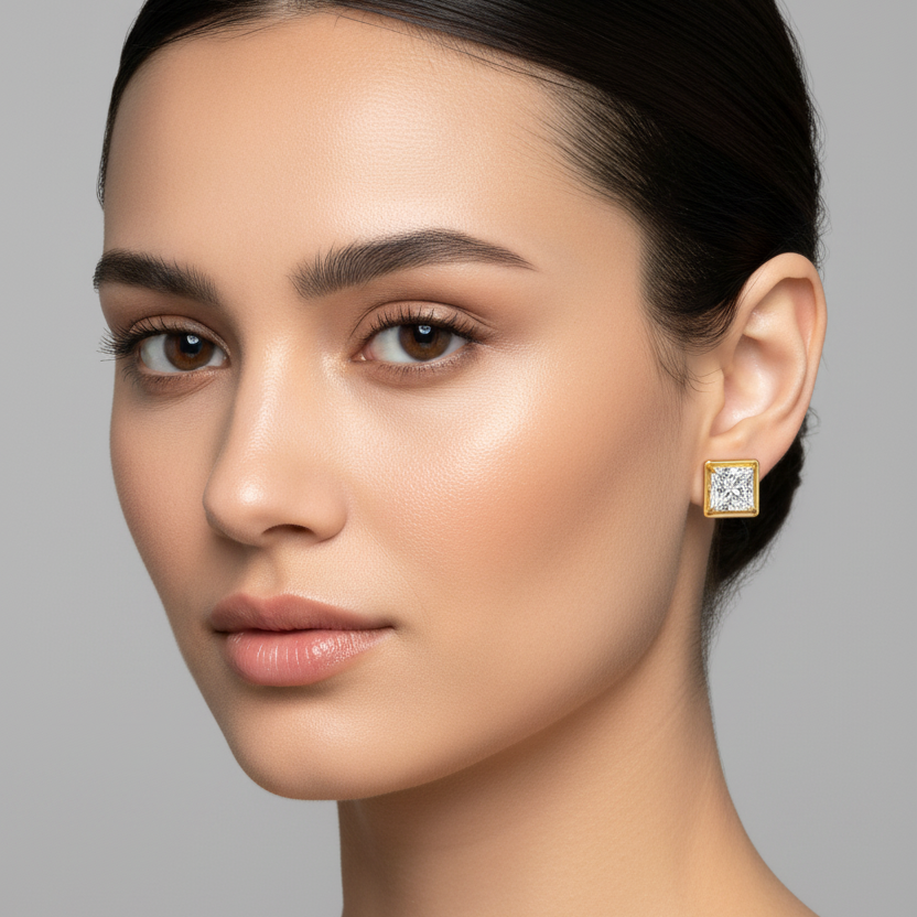 Female model wearing very small yellow gold princess-cut diamond solitaire stud earrings with four rounded ball-tipped corner prongs holding a tiny square princess-cut diamond recessed within a very small wide flat square yellow gold channel frame with softly rounded corners sitting flush and compact against the earlobe