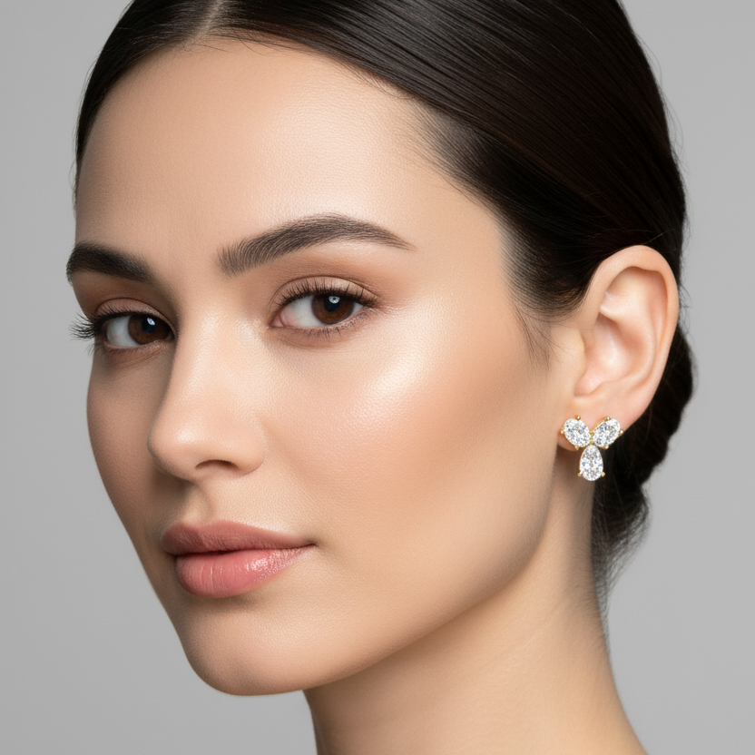 A close-up portrait of a woman with dark hair pulled back, wearing a small sparkling earring on her ear, against a plain light gray background.