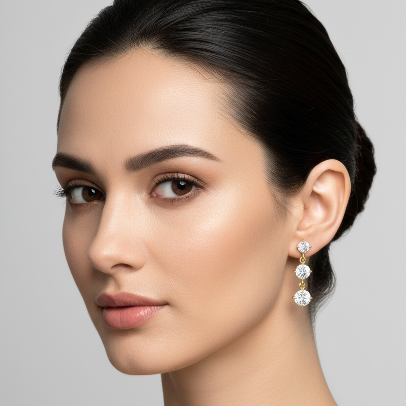 Female model wearing very small yellow gold three-stone graduating cushion-cut diamond drop earrings with three tiny rhombus-oriented cushion diamonds in four ball-tipped corner prong settings connected by small round yellow gold jump rings cascading just a few millimeters below the earlobe