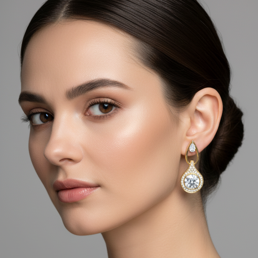 Female model wearing very small yellow gold two-part drop earrings with a slim open teardrop flame frame holding a trillion-cut diamond at top connected to a round yellow gold pavé-covered pendant with a large round brilliant center diamond in four ball-tipped prongs surrounded by a complete circular micro-pavé halo hanging just below the earlobe