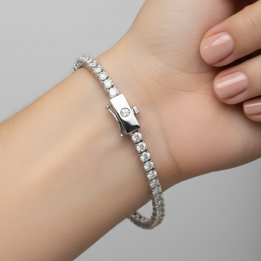 Female model wearing white gold classic diamond tennis bracelet with four-prong settings and diamond-topped push-button box clasp