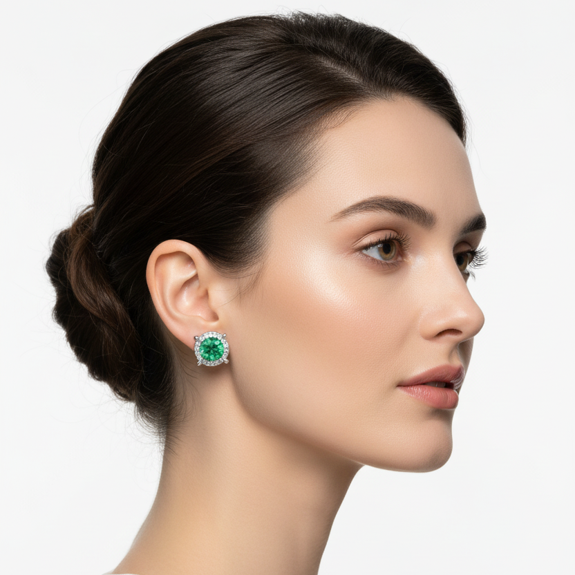 Female model wearing white gold emerald and diamond halo stud earrings