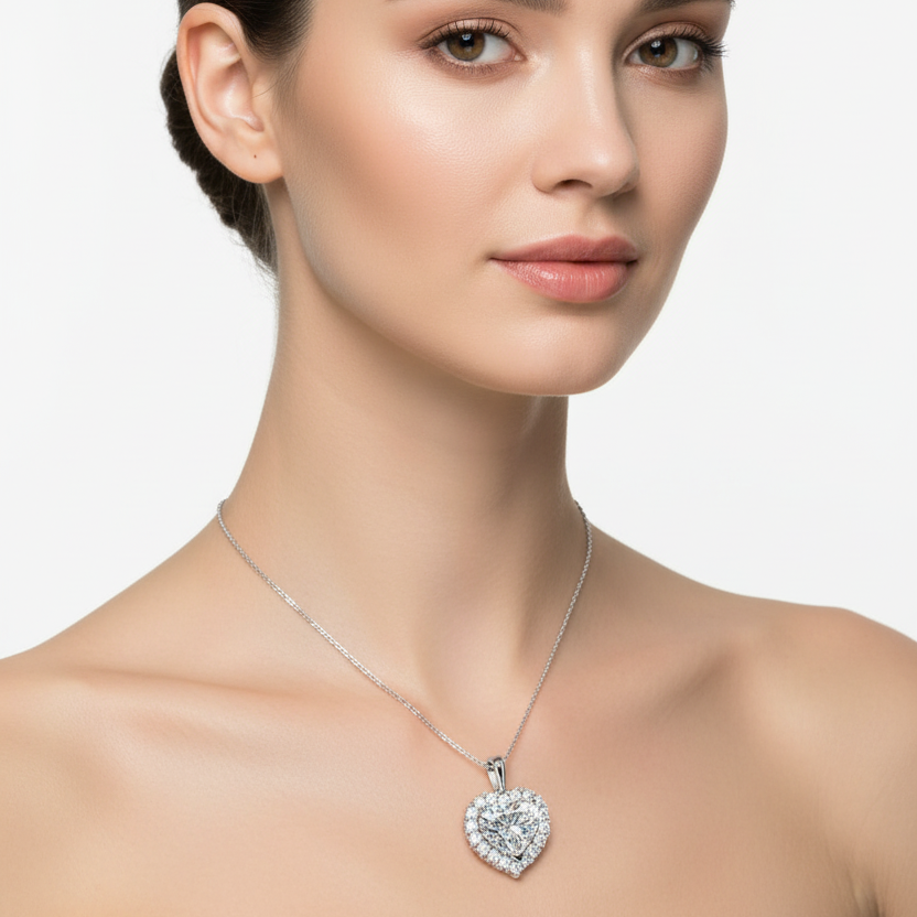 Female model wearing white gold heart-shaped diamond halo pendant
