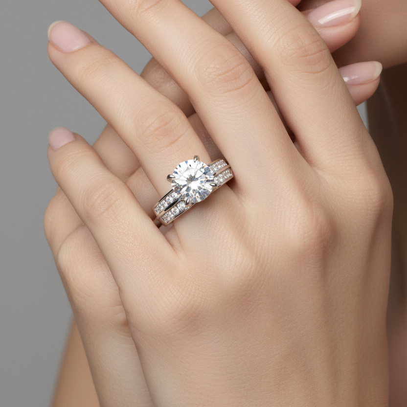 Female model wearing white gold large round brilliant diamond solitaire ring with wide double-row pavé band
