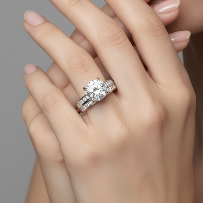 Female model wearing white gold large round brilliant diamond solitaire ring with wide double-row pavé band