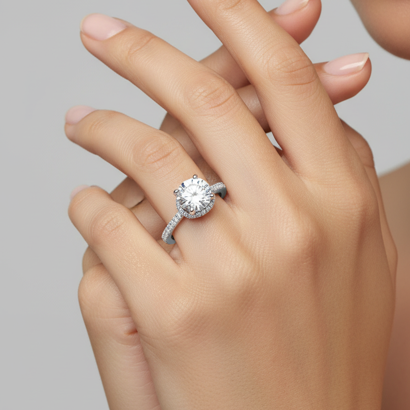 Female model wearing white gold round brilliant diamond solitaire engagement ring with four bead-tipped claw prongs, hidden surprise circular micro-pavé halo glowing beneath the center stone and single-row pavé diamond shoulders on both sides of the slim band