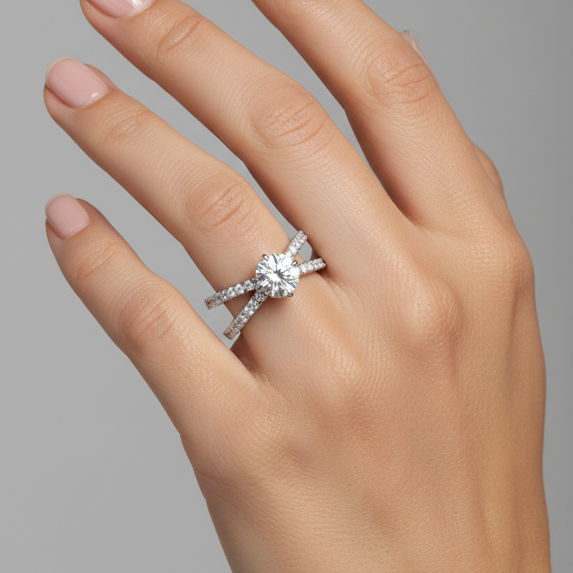 Female model wearing white gold round brilliant diamond solitaire ring with dramatic X-shaped criss-cross split band featuring four diagonal pavé diamond arms crossing beneath the center stone merging into a plain rounded shank