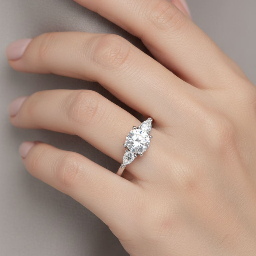 Female model wearing white gold three-stone diamond engagement ring with round brilliant center and pear-cut side stones