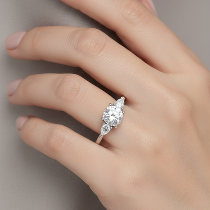 Female model wearing white gold three-stone diamond engagement ring with round brilliant center and pear-cut side stones