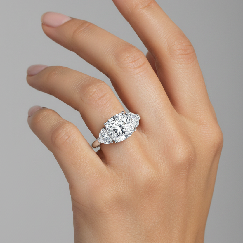 Female model wearing white gold three-stone ring with large cushion-cut diamond center flanked by two half-moon D-shaped side diamonds in ball-tipped prong settings on slim plain white gold band