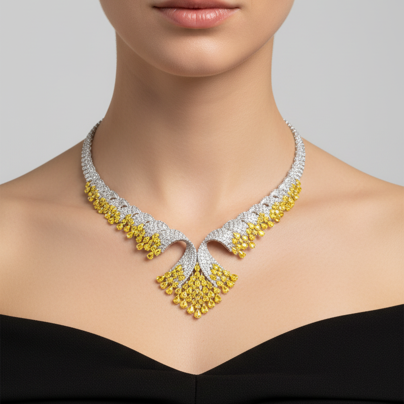 Female model wearing yellow and white diamond necklace