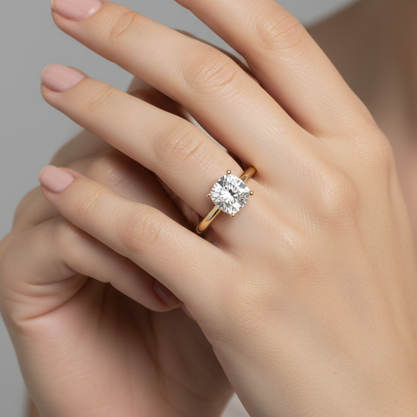 Female model wearing yellow gold cushion-cut diamond solitaire engagement ring with plain polished band