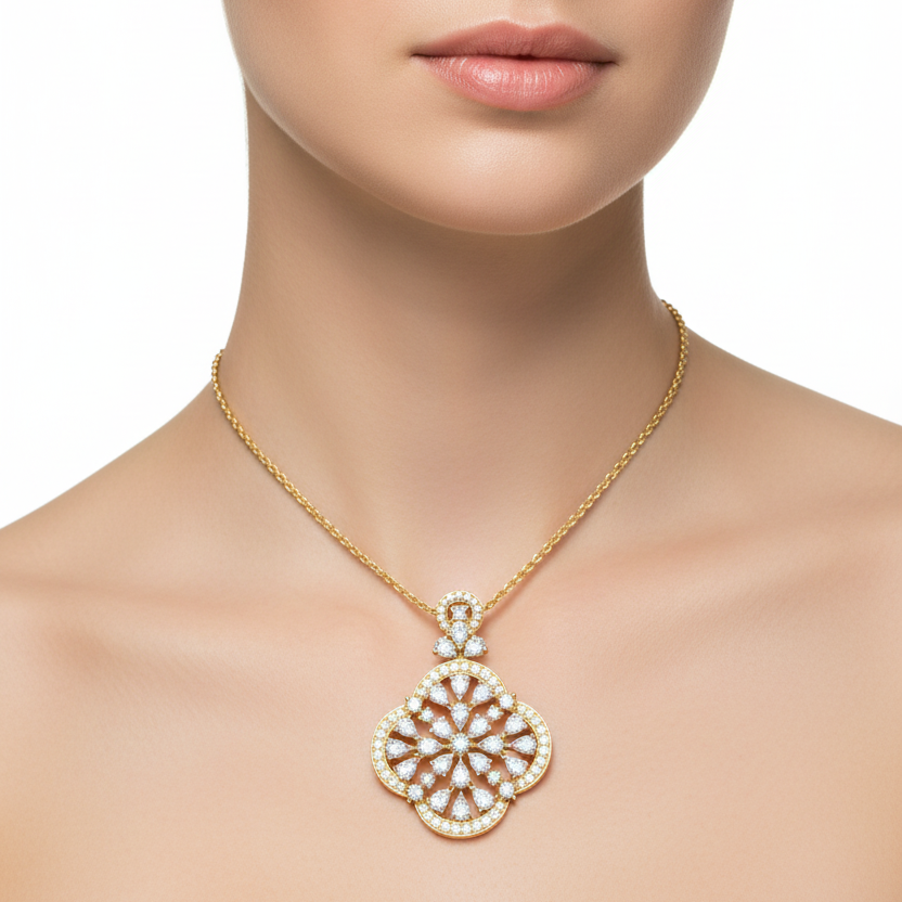 Female model wearing yellow gold diamond floral medallion pendant