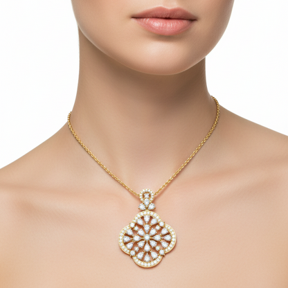 Female model wearing yellow gold diamond floral medallion pendant