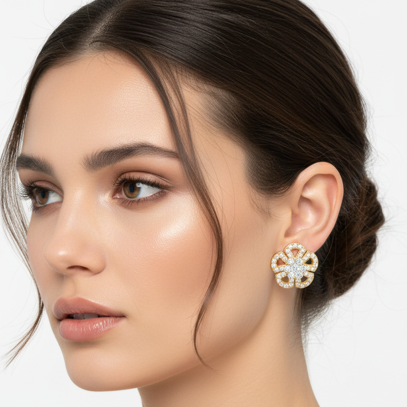 Female model wearing yellow gold diamond floral stud earrings