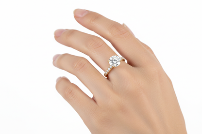Female Model Wearing Yellow Gold Diamond Ring Small Size