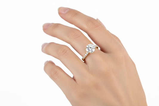 Female Model Wearing Yellow Gold Diamond Ring Small Size