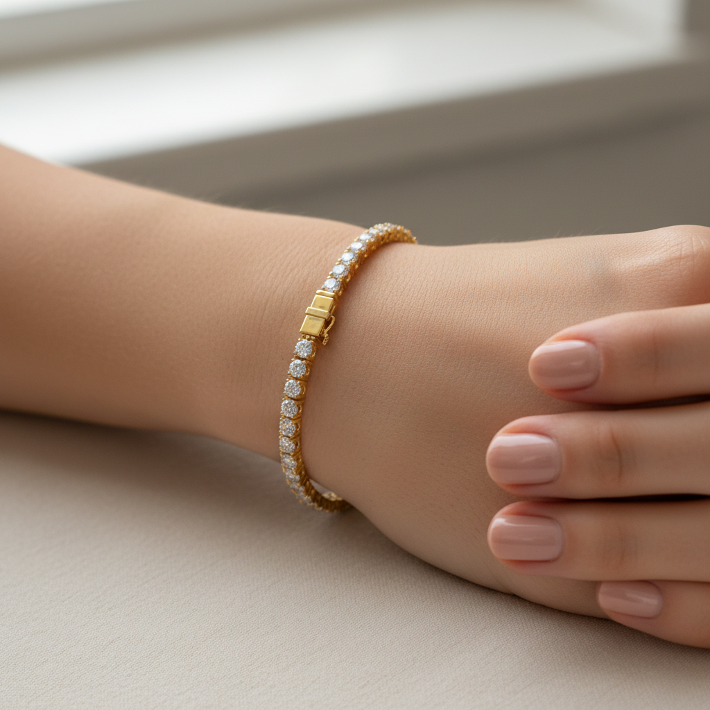 Female model wearing yellow gold diamond tennis bracelet