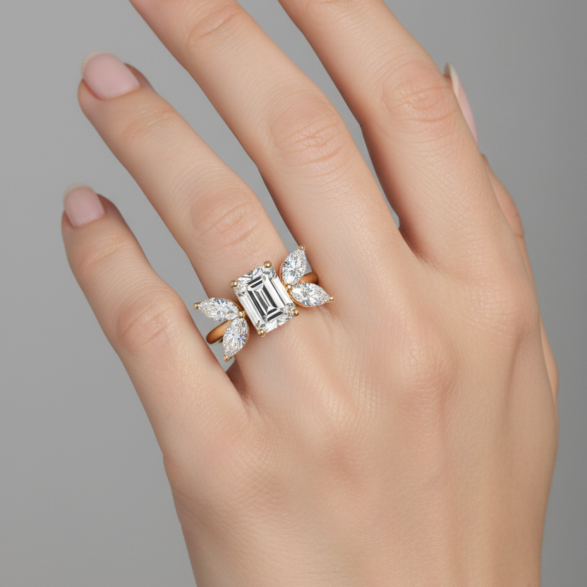 Female model wearing yellow gold emerald-cut diamond cluster ring with marquise and oval side stones in botanical silhouette